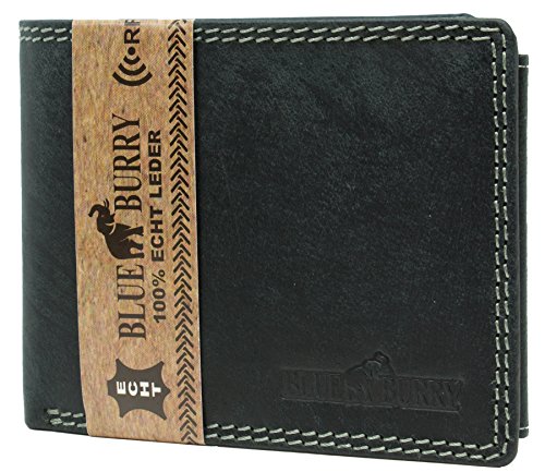RFID-Schutz Herren Portemonnaie Geldbörse aus Leder mit RFID-Blocker Brieftasche mit Box Blue Burry Querformat RF-02 Schwarz von Halal-Wear