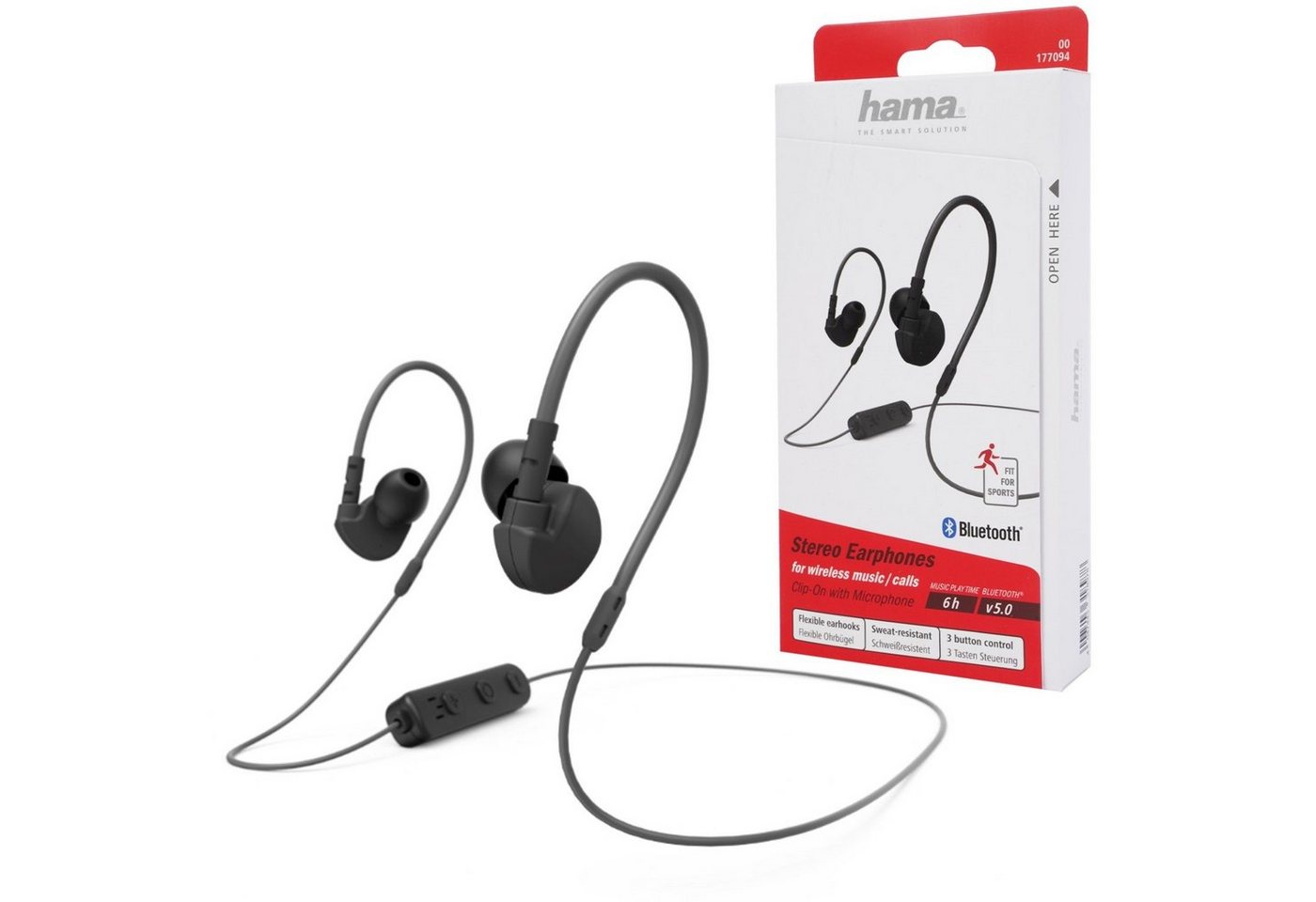 Hama Sport Run BT Kopfhörer Bluetooth Headset Black Smartphone-Headset (Anruffunktion, Bluetooth, Mikrofon, Wiedergabe-Steuerung, Bluetooth 5.0, Schweißfest, Anruf-Funktionen, Wiedergabe-Steuerung, mit Mikrofon) von Hama