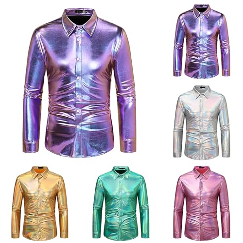 Glitzer Hemd Herren Gold, Glitzer Hemd Herren Festliches 80Er Glitzer Shirt Metallic-Hemden Disco Passform Glitzerhemd Für Faschingskostüme Mottoparty Karnevalskostüme von Hanraz
