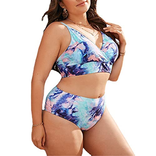 Damen Stilvolle Badebekleidung Bademode Set, Frauen 2 Stück Badeanzug V-Ausschnitt Crop Top und High Waist Bottom Badeanzug Plus Size Bademode Tie Dye Prints Badeanzug Reizvolle Bademode Modestrand Ba von Happyplus1