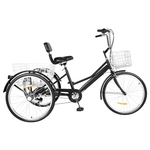 HarBin-Star - 24 Zoll Dreirad für Erwachsene, 7-Gang Erwachsenen Dreirad, Schwarz Dreirad mit Rückenlehne und Einkaufskorb, City Tricycle für Städte Strände usw von HarBin-Star