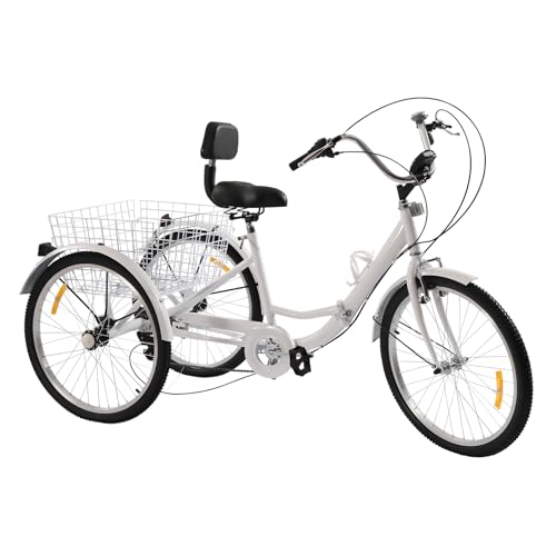 HarBin-Star - 24 Zoll Dreirad für Erwachsene, Klappbares Dreirad, 7 Gang Erwachsene Dreirad mit Rückenlehne und Einkaufskorb, 3 Räder Fahrrad für Outdoor Sports Shopping, Weiß von HarBin-Star