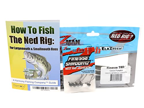 Harmony Fishing Company Ned Rig Kit – Z-Man Finesse T.R.D. 8 Stück + Finesse Shroomz Jigköpfe (grüner Kürbis) + How to Fish The Ned Rig Guide) von Harmony Fishing Company