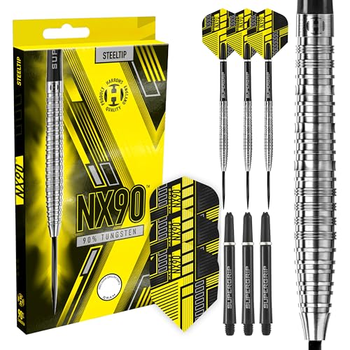Harrows NX90 90% Tungsten Darts | Darts-Set mit Stahlspitze| 21g, 22g, 23g, 24g, 25g & 26g | Enthält Supergrip-Schäfte und 100-Mikron-NX90-Flüge (Tapered 21g) von Harrows