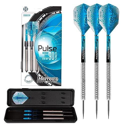 Harrows Pulse 90% Tungsten Darts | Steeldarts-Set mit Tragetasche | 21g, 22g, 23g, 24g, 25g & 26g | Enthält Supergrip Fusion Shafts und 100 Micron Prime Flights (24g) von Harrows