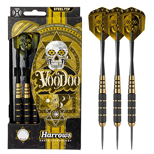 Harrows Voodoo Darts-Set aus Messing mit Stahlspitze, 19 g, 21 g, 23 g, 25 g und 27 g – inklusive Speedline-Schäften, Marathon Gold Flights und Reiseetui von Harrows