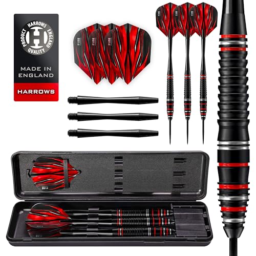Harrows Fire High Grade Alloy Steel Tip Darts Set 21g, 22g, 23 & 24g - Includes Black Speedline Shafts, Fire Flights & Travel Case (24, Gramm) von Harrows