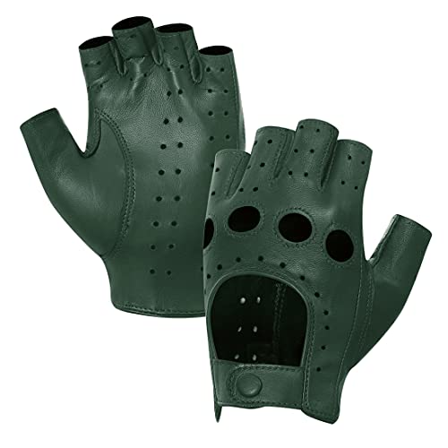 Harssidanzar Damen Lammfell Leder Fingerlose Handschuhe Ungefüttert Half Finger Driving GL012,Jägergrün, Größe L von Harssidanzar