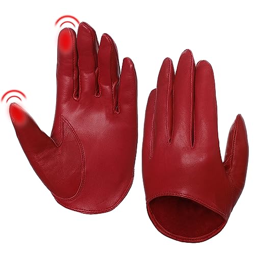 Harssidanzar Damen Lammfell halbe Handfläche Vintage Dress Up Ungefüttert Touchscreen kurze Handschuhe GL011EU, Rot,Größe L von Harssidanzar