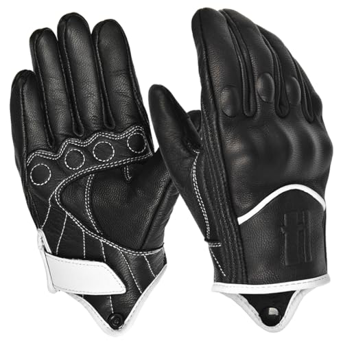 Harssidanzar Herren Motorrad Handschuhe Winter Warm Goatskin Leder Fleece gefüttert Touchscreen Motorrad Handschuhe GM041EU, Schwarz/Weiß, Größe XXL von Harssidanzar