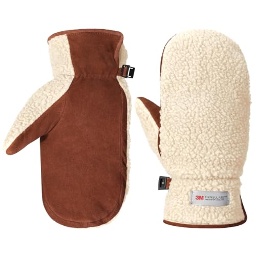 Harssidanzar Herren Winter Fäustlinge Outdoor Handschuhe Wildleder Fleece 3M Thinsulate Winter Ski Fäustlinge Lederhandschuhe SM040EU,Beige/Hellbraun,Größe L von Harssidanzar