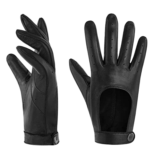 Harssidanzar Leder handschuhe für Damen,Touchscreen ungefüttert dünne Lederhandschuhe aus Schaffell KL021EU, Schwarz, Größe XL von Harssidanzar