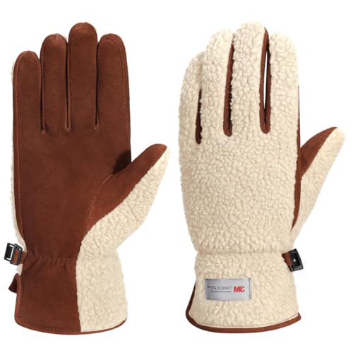 Harssidanzar Winter Echtes Wildleder Handschuhe Damen Warmes Fleece Thinsulate gefüttert Outdoor Skifahren Lederhandschuhe SL021EU,Beige/Hellbraun, Größe M von Harssidanzar