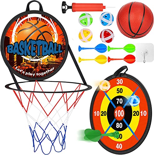 2-in-1-Basketballkorb für Kinder, Darts für Kinder, Faltbares Sportspielzeug für Den Außenbereich, Mit Lustigem Basketball Spielzeug, Weichem Ball, Pumpe, Klebrigen Bällen und Darts (2-in-1) von Harxin