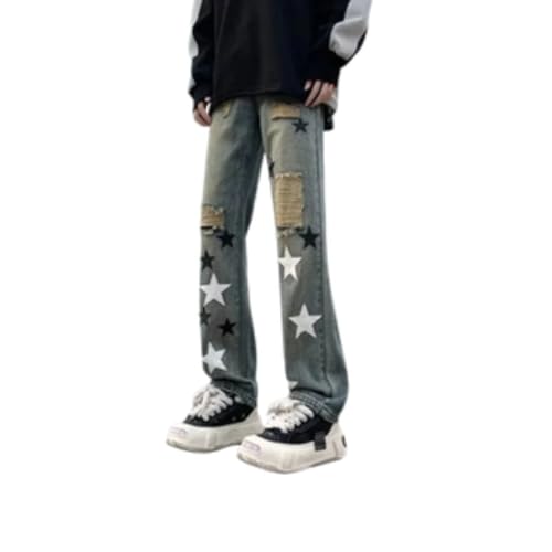 Jeans Hose Jeanshose Neuetrendy Star Pattern Herren Loose Straight Leg High Street Style Frühling Herbst Denim Lässige Mit Weitem Bein XL Retroblau von Hasdnker