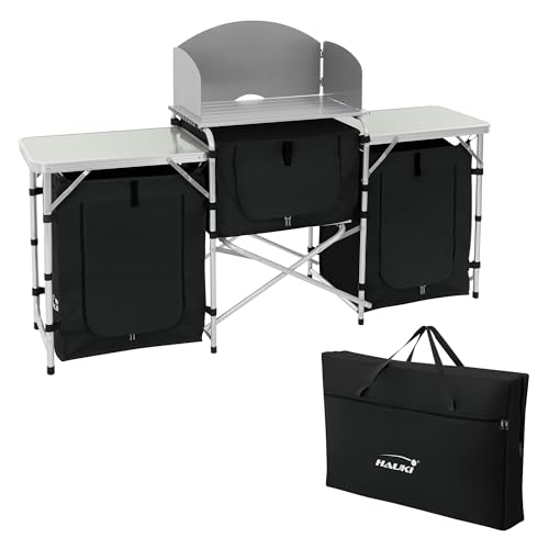Hauki Camping Küche, Schwarz, Campingschrank faltbar mit Tragetasche, Reiseküche mit Windschutz, Küchenschrank mit Arbeitsplatte, Staufächern, Alu Outdoorküche, Küchenbox klappbar, Zeltschrank tragbar von Hauki