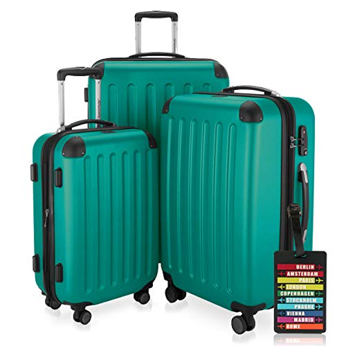 Hauptstadtkoffer - Spree - 3er Koffer-Set + Kofferanhänger - Handgepäck 55 cm, mittelgroßer Koffer 65 cm, großer Reisekoffer 75 cm, TSA, 4 Rollen, Aquagrün von Hauptstadtkoffer