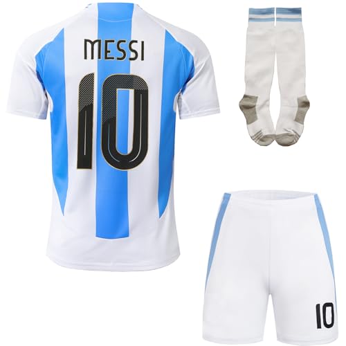 Hawkara Argentina #10 Heim Messi Copa-American Fußball Kinder Trikot Auflage Shorts Socken Set Jugendgrößen (Weiß,16) von Hawkara