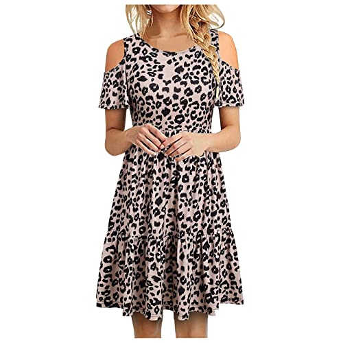 Healter Damen Sommer Kleider Rundhals Casual Knielang Kleid Blusenkleid Schulterfrei Rüschen Elegant Tunika Kleider Freizeitkleider Mode Leopard Blumendruck Faltenkleid Sommerkleider Streetwear von Healter