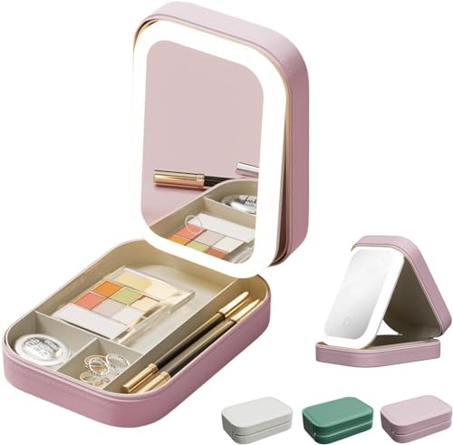 Integrierte Make-up-Aufbewahrungsbox mit lichtfüllendem Spiegel, ergänzendes LED-Kosmetikkoffer, Touch-Steuerung, Make-up-Aufbewahrungsbox mit LED-Lichtspiegel, tragbare Kosmetiktasche (Pink) von Hehimin