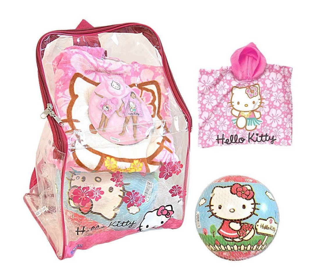 Hello Kitty Badeponcho, Baumwolle, mit Kapuze, 3-teiliges Strandset mit Badeponcho Ball und Rucksack von Hello Kitty