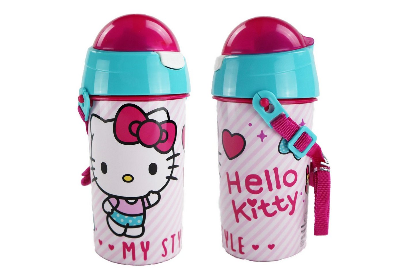 Hello Kitty Trinkflasche Hello Kitty Kinder Wasserflasche, Flasche mit integriertem Trinkhalm und Tragegurt 500 ml von Hello Kitty