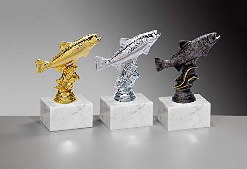 Henecka 🎣 Angler-Pokal, Angeln-Resin-Figur, Fisch-Trophäe, Forelle auf Marmorsockel, mit Wunschgravur, wählbar in 3 Farben (Gold) von Henecka