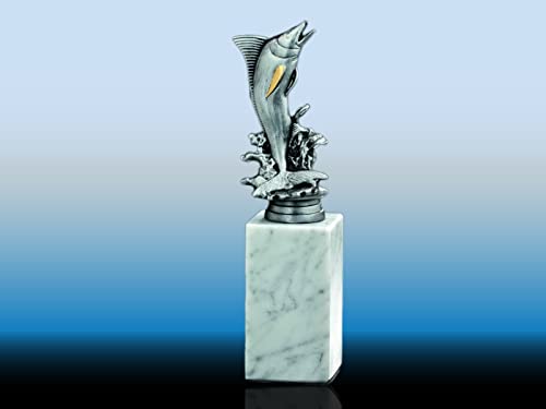 Henecka 🎣 Angler-Pokal, Angeln-Resinfigur Fisch Silber auf schwerem weißem Marmor, mit Wunschgravur, Größe 236 mm von Henecka