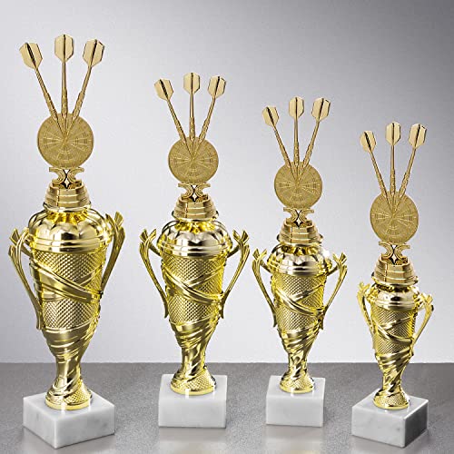 Henecka 🎯 Dartsport Pokal wählbar in 4 Größen, Dartpfeile-Trophäe, Dart Pokal Gold auf schwerem Marmorsockel, mit Wunschgravur (Figurencup Darts 278mm Marmor 55x30mm weiß) von Henecka