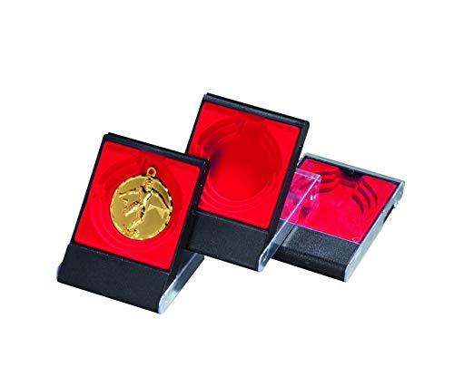 Henecka Etui mit Klarsichtoberteil • Aufstelletuis für Medaillen Ø 5, 6 +7 cm mit Fläche für Gravurschild in Gold, Silber oder Bronze (blau) von Henecka