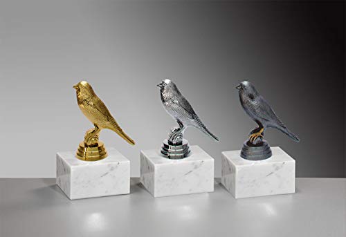 Henecka Kanarienzucht-Pokal, Kanarien-Trophäe, Kanarienvogel auf Marmorsockel, mit Wunschgravur, wählbar in 3 Farben (Gold) von Henecka