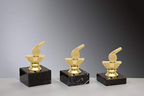 Henecka Schiedsrichter Pokal Schiri Trophäe Schraubfigur Trillerpfeife Gold, Marmorsockel schwarz, mit Wunschgravur, wählbar in 3 Größen oder als 3er-Serie (Sockel 70 x 40 mm) von Henecka