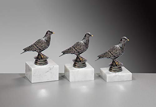 Henecka 🕊 Tauben Pokal Taubenzucht Trophäe Schraubfigur Taube Friedenstaube Altsilber, Marmorsockel weiß, mit Wunschgravur, wählbar in 3 Größen oder als 3er-Serie (Sockel 65 x 20 mm) von Henecka