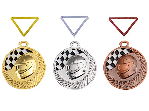 Henecka Zamak Medaille Motorsport, Medaillen mit Wunschgravur, inklusive Halsband, wählbar in Gold, Silber, Bronze, oder als 3er-Serie (Bronze) von Henecka
