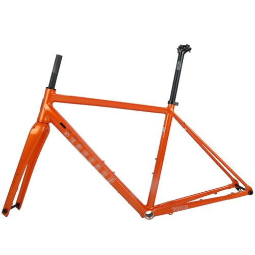 700C Rennrad-Rahmenset aus Aluminiumlegierung mit Kohlefasergabel 44/47/50/53/56 cm Scheibenbremsrahmen Steckachse 12 x 100 mm/12 x 142 mm BSA68 (Farbe: Orange, Größe: 53 cm) von HerfsT