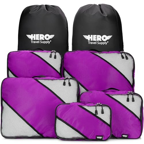 Hero Packwürfel (5 Set) Gepäck-Organizer mit 2 Wäschesäcken, Magenta, 5 set von Hero Travel Supply