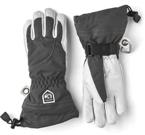 Hestra Heli Skihandschuhe für Damen, klassischer 5-Finger-Leder-Schnee-Handschuh für Skifahren, Snowboarden und Bergsteigen (Damenpassform) – Grau/Offwhite – 7 von HESTRA