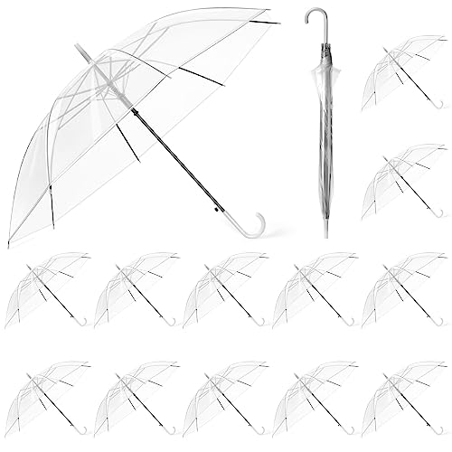 Hestya 12er Pack 95 cm Durchsichtige Regenschirme Weiße Transparente Hochzeitsschirme Klare Glockenschirme Sturmfeste Schirme mit Griff Halbautomatik für Damen Herren Braut Brautjungfer Bräutigam von Hestya