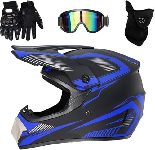 Fullface MTB Motocross Helm, Erwachsene Jugend Enduro Cross Helm Motorradhelm für Fahrrad Downhill Bike BMX Off Road ATV mit Brille Handschuhe Maske(Color:Blue,Size:S(52~53cm)) von Hfnnhl