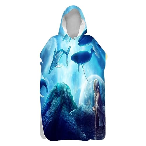 Highdi 3D-Muster Handtuch Surf Poncho mit Kapuze Erwachsene für Damen Herren Teenager, Badeponcho Handtuch Poncho aus Mikrofaser auch als Umkleidehilfe Strand (80x145cm,Tiefsee) von Highdi