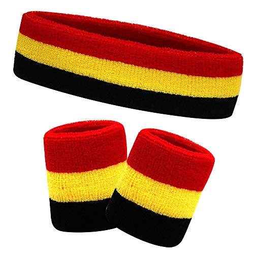 HikBill Schweißbänder Set inkl Sport Stirnband und Handgelenk Schweißbänder für Laufen Fahrrad Joggen Tennis Fußball (Black/Red/Yellow) von HikBill
