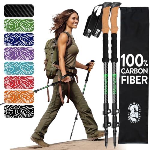 Hiker Hunger 100% Carbon Fiber Trekking Poles –Ultralight & Collapsible with Quick Flip-Locks,Cork Grips,Tungsten Tips,Set of 2 Poles - All Terrain Accessories and Carry Bag, Hiking, & Walking Poles von Hiker Hunger Outfitters
