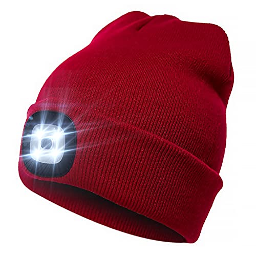 LED Beanie Cap mit Licht Unisex Strickmütze mit Licht USB wiederaufladbare Beleuchtete Mütze,einstellbare Helligkeit, für Jogger,Camping,Grillen,Walking Red von Hileyu