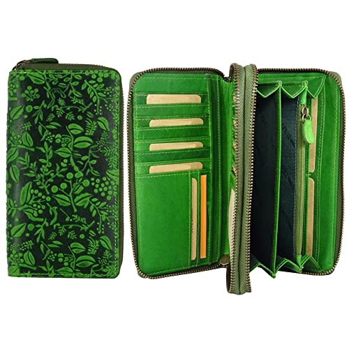Hill Burry RFID XXL Grosse Geldbörse Geldbeutel Geldtasche | Portmonee aus Leder für Frauen | langes Portemonnaie | grün mit Blumenmuster (20 x 11 x 3,5 cm) von Hill Burry