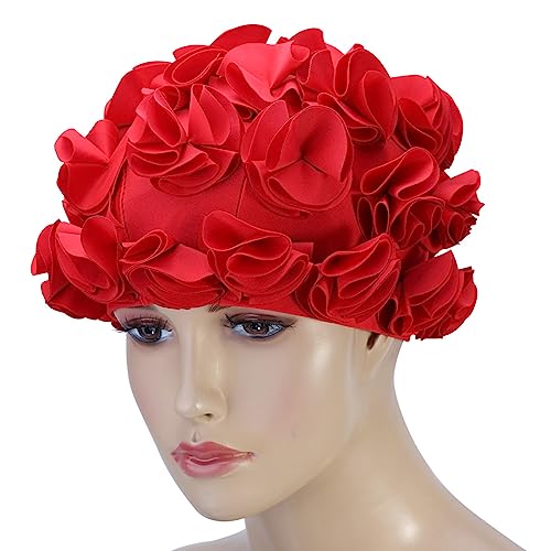 Blumen-Badehut für Damen und Kinder, Retro, Blumenmuster, Modisch, Elastisch, Langes Haar, Badehut (Rot) von Hiraith
