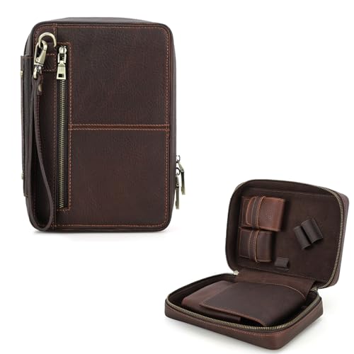 Hiram Pfeifentabak-Etui, Leder-Tabakpfeifen-Aufbewahrungsbox für 2 Pfeifen, Tragbare Reißverschluss-Tabak-Raucherzubehör-Aufbewahrungstasche mit Abnehmbarem Handgelenkriemen von Hiram