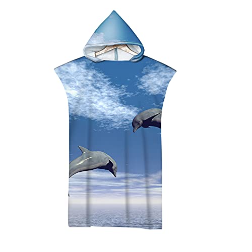 Hiseng Poncho Handtuch Erwachsene Surf Poncho mit Kapuze Strandtücher Schwimmen Strand Poncho für Jugendliche - 3D Tier Drucken Mikrofaser Badeponcho Badetuch (75x110cm,Delphin 2) von Hiseng