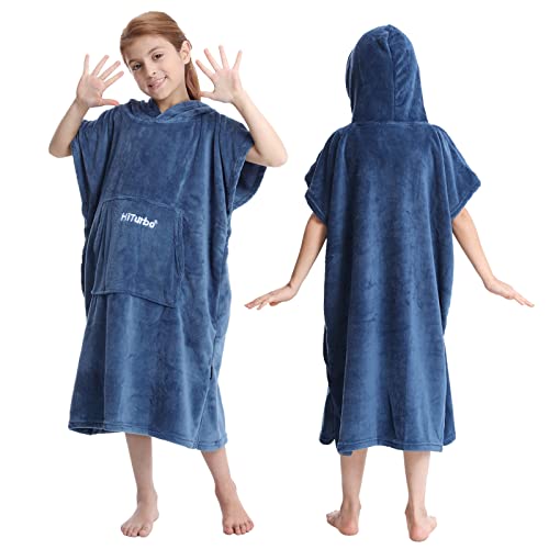 Hiturbo Kinder Wickelmantel, Handtuch Poncho Bademantel Robe mit Kapuze, für Strand, Schwimmen, Surfen, Zu Hause, Navy von Hiturbo