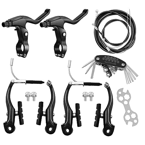 Hmfmdy Fahrradbremsen-Set, Bremsen-Set für die meisten Fahrräder, Mountainbikes, universelle MTB-Hybridbremse vorne und hinten, Bremssattel-Kabel-Hebel-Set, Multi-Tool-Schraubenschlüssel – Schwarz von Hmfmdy