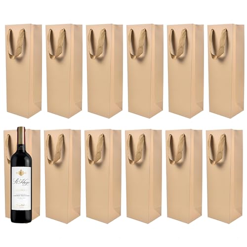 12 Stück Kraftpapier Einzel Weinflaschen Tasche, Kraft Weintragetaschen mit Griff, Wein Champagner Geschenktasche Tragetasche, Weintasche für Weihnachten Hochzeit Party Geburtstage (braun) von HoaaiGo